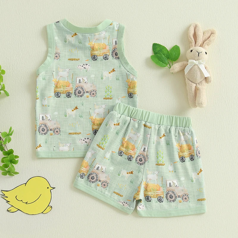 Baby Toddler Boy Shorts Set Tractor Animal Sleeveless Tank Tops
