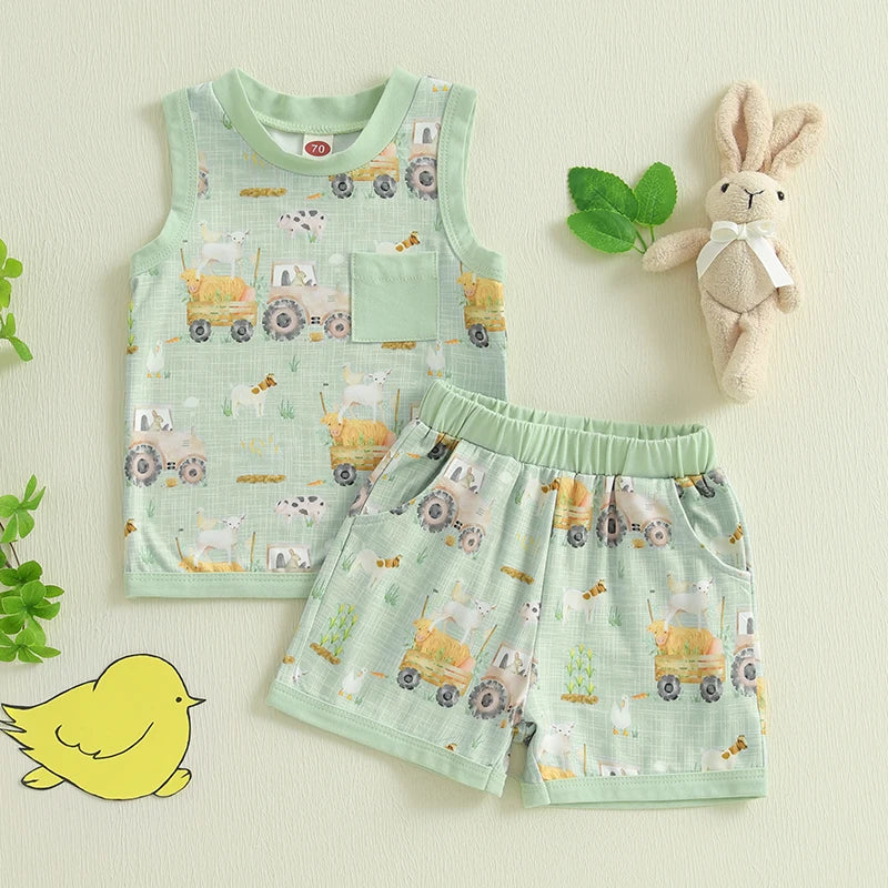 Baby Toddler Boy Shorts Set Tractor Animal Sleeveless Tank Tops