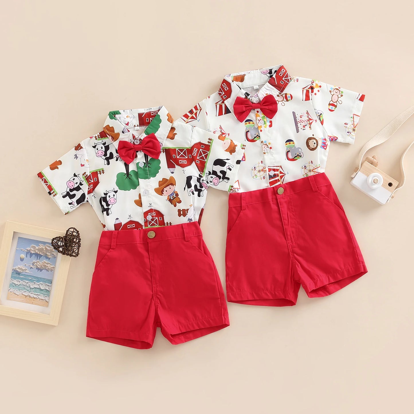 Toddler Kids Boys 2 Pieces Outfits Farm or Circus Cartoon Animal Print