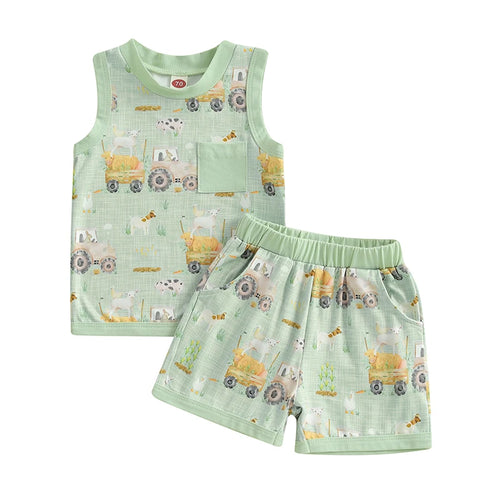 Baby Toddler Boy Shorts Set Tractor Animal Sleeveless Tank Tops
