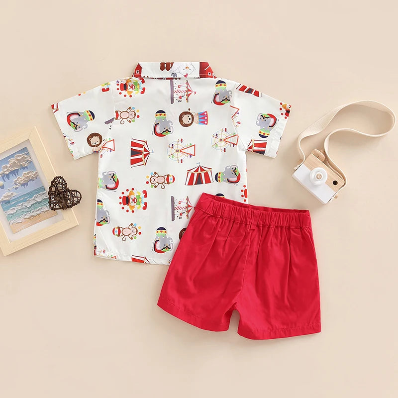 Toddler Kids Boys 2 Pieces Outfits Farm or Circus Cartoon Animal Print
