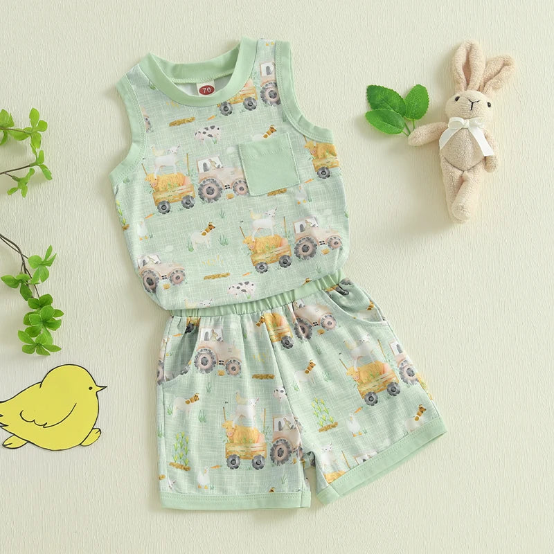 Baby Toddler Boy Shorts Set Tractor Animal Sleeveless Tank Tops