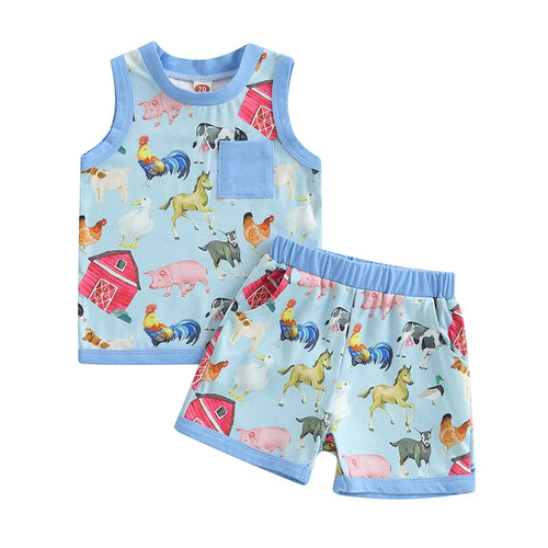 Baby Toddler Boy Shorts Set Tractor Animal Sleeveless Tank Tops