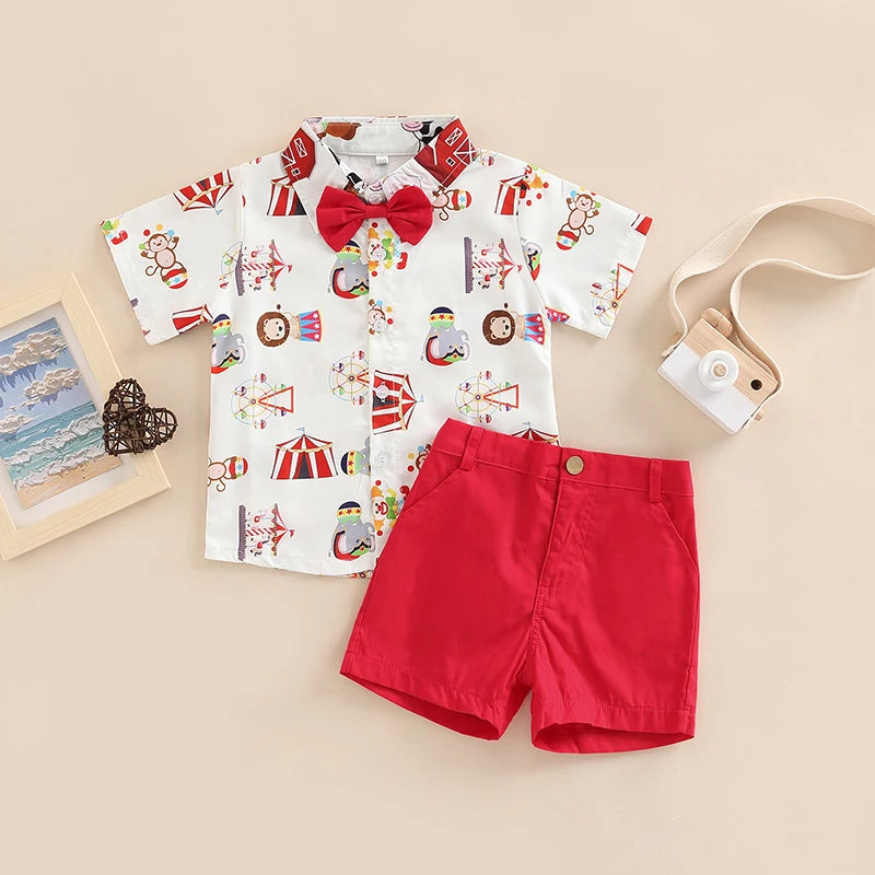 Toddler Kids Boys 2 Pieces Outfits Farm or Circus Cartoon Animal Print