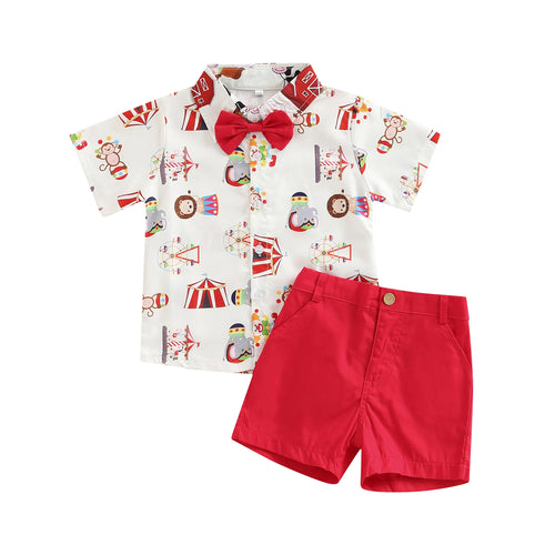 Toddler Kids Boys 2 Pieces Outfits Farm or Circus Cartoon Animal Print