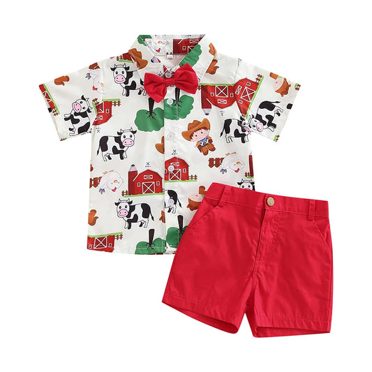 Toddler Kids Boys 2 Pieces Outfits Farm or Circus Cartoon Animal Print